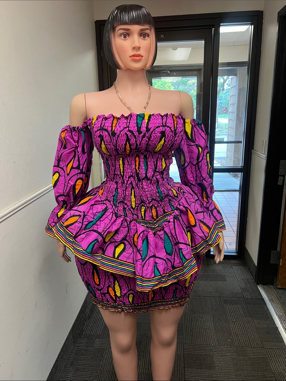 Smocked Off-Shoulder Peplum Dress in Bold Pink African Print